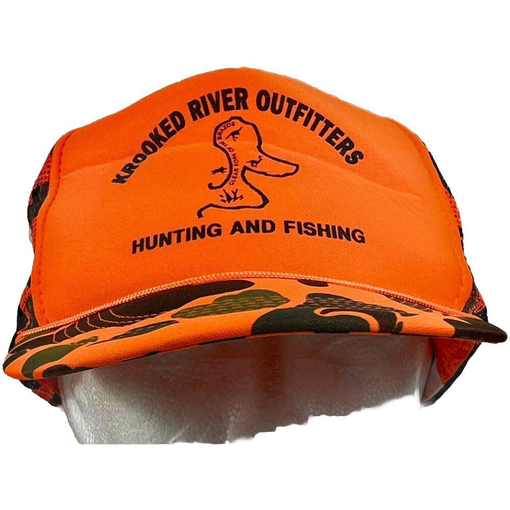 Vintage KROOKED RIVER Outfitters Trucker Hat Cap Snapback Orange Camo Hunting